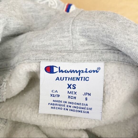 Champion logo hoodie light grey red navy stripe cuffs hem pullover ribbed XS - Picture 8 of 10